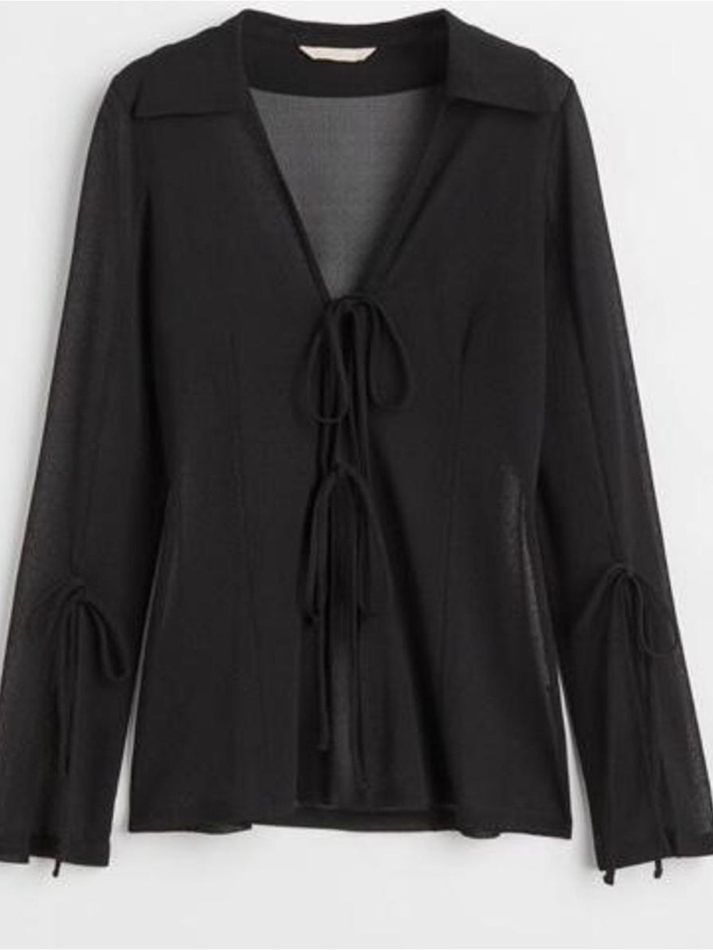 H&M Black Sheer Tie-Front Long Sleeve Blouse | Small